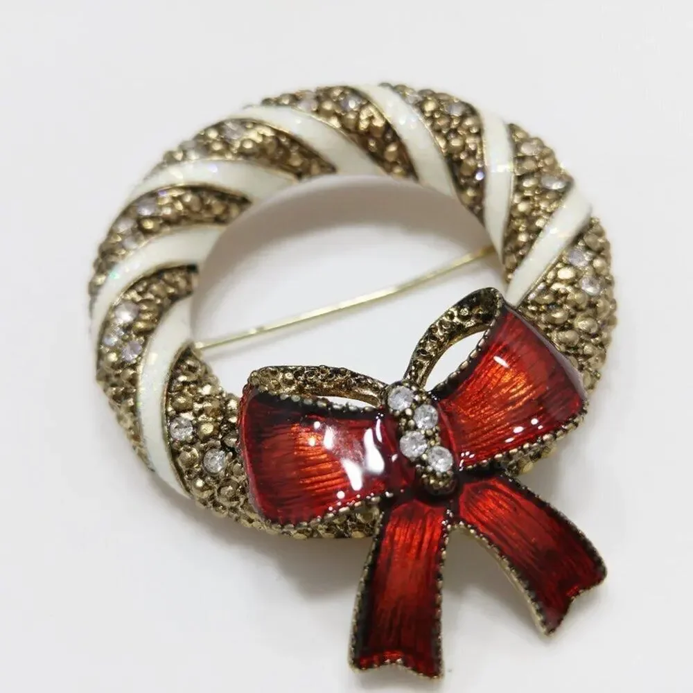 Vintage Christmas Wreath Enamel Brooch, Red Bow, 1960s, 2 Inches